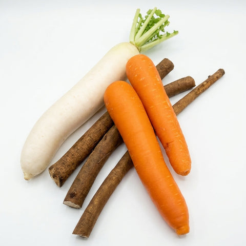 A white daikon radish with green tops, two orange carrots, and several brown roots arranged on a clean white background.